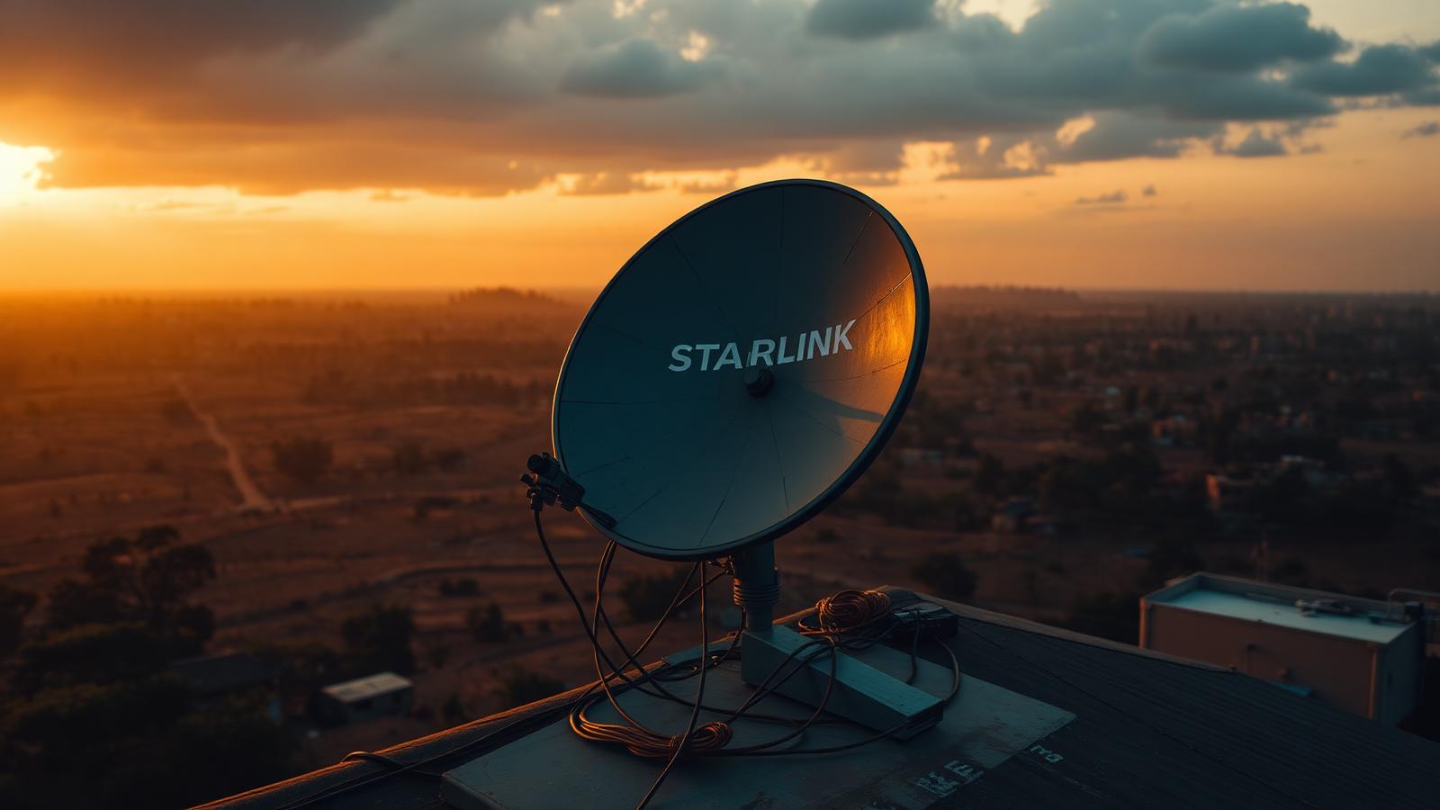 Starlink dish on a Ghanaian rooftop at sunset